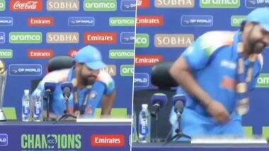 Rohit Sharma Forgets ICC Champions Trophy: भुलक्कड़ कप्तान! प्रेस कांफ्रेंस के बाद चैंपियंस ट्रॉफी का ख़िताब डेस्क पर भूले रोहित शर्मा, देखें मजेदार वीडियो